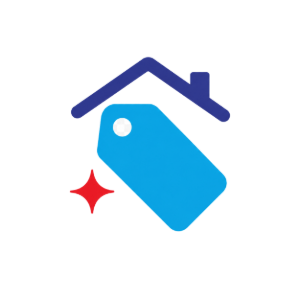 Blue price tag with red sparkle under a navy house roof icon