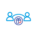Two blue user icons with a gift icon and check mark in the center