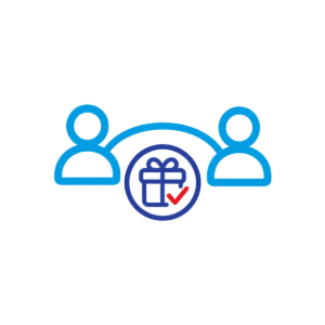 Two blue user icons with a gift icon and check mark in the center