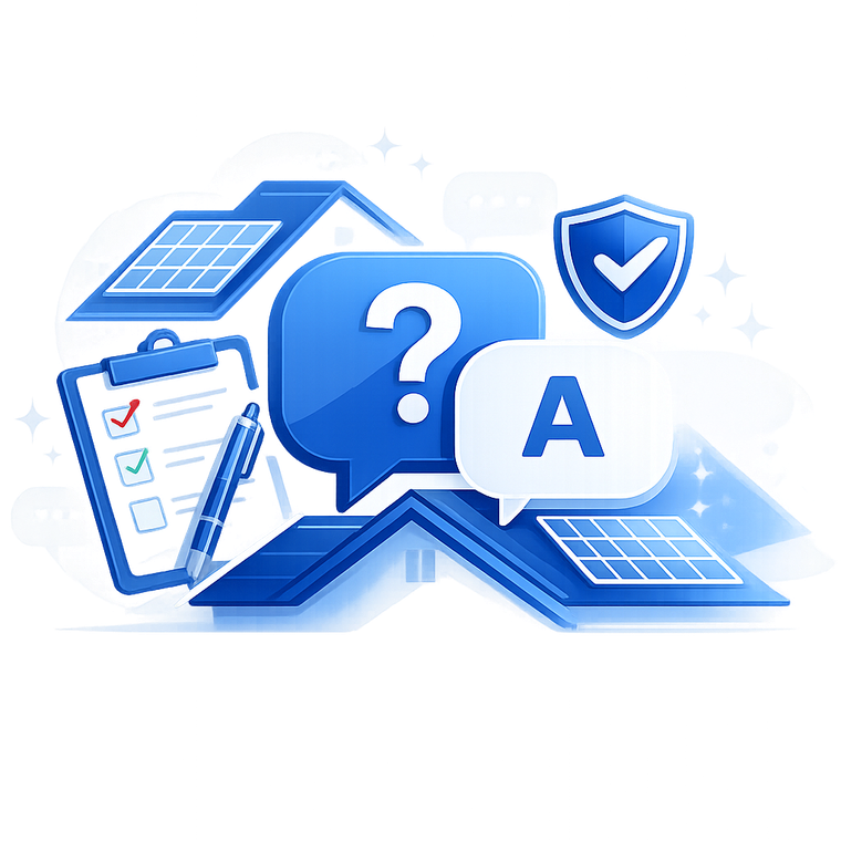 Blue Q&A help icons with checklist, shield, and tablet in a tech support style illustration