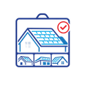 Blue home inspection icon with house and roof, plus a red checkmark in the corner