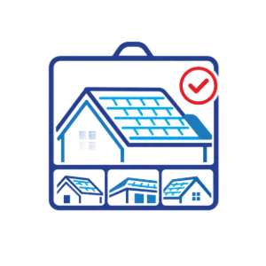 Blue home inspection icon with house and roof, plus a red checkmark in the corner
