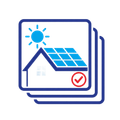 Blue solar panel home icon with sun and red check mark on stacked cards