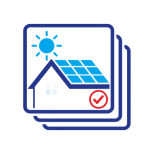 Blue solar panel home icon with sun and red check mark on stacked cards