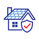 Blue house icon with a red shield checkmark, symbolizing home security