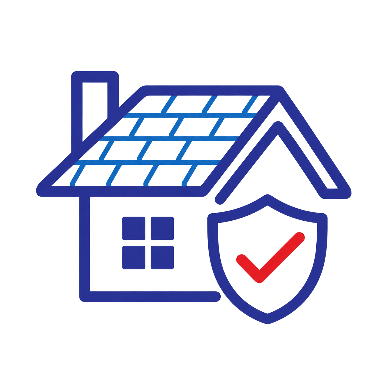 Blue house with shield and red checkmark, suggesting home security or protection