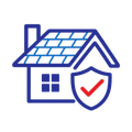 Blue house icon with shield and red checkmark, suggesting home security or protection