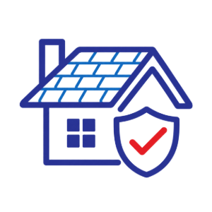 Blue house icon with shield and red checkmark, suggesting home security or protection