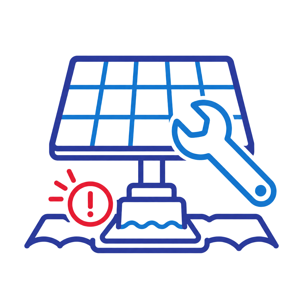 Blue solar panel with wrench over warning symbol on a cracked base, suggesting repair or maintenance