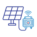 Blue solar panel connected by cable to a wireless power device with signal waves and power button icon