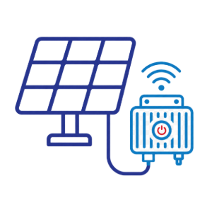 Blue solar panel connected by cable to a wireless power device with signal waves and power button icon