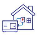 Blue outline of a generator connected to a house with a lightning symbol on the wall
