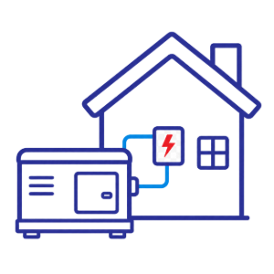 Blue outline of a generator connected to a house with a lightning symbol on the wall