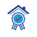 Blue house roof with award ribbon and red checkmark icon