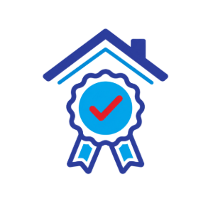 Blue house roof with award ribbon and red checkmark icon