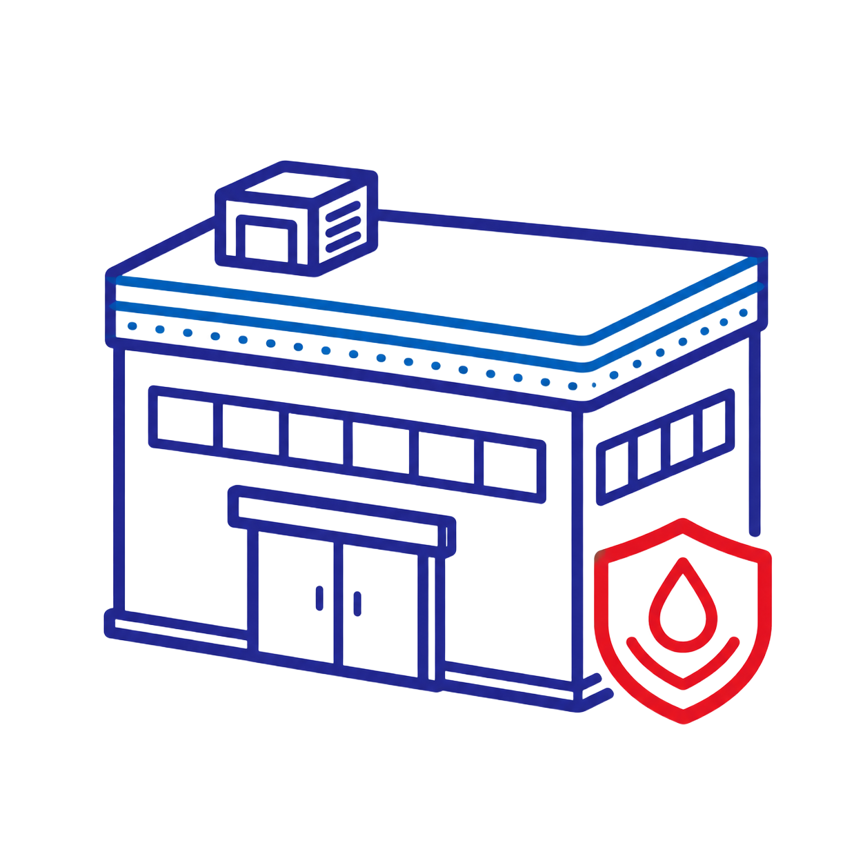 Illustration of a building with a red shield and droplet icon, suggesting fire or safety protection