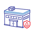Blue line-art building with a red shield and flame icon, suggesting fire protection or safety.