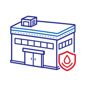 Blue line-art building with a red shield and flame icon, suggesting fire protection or safety.