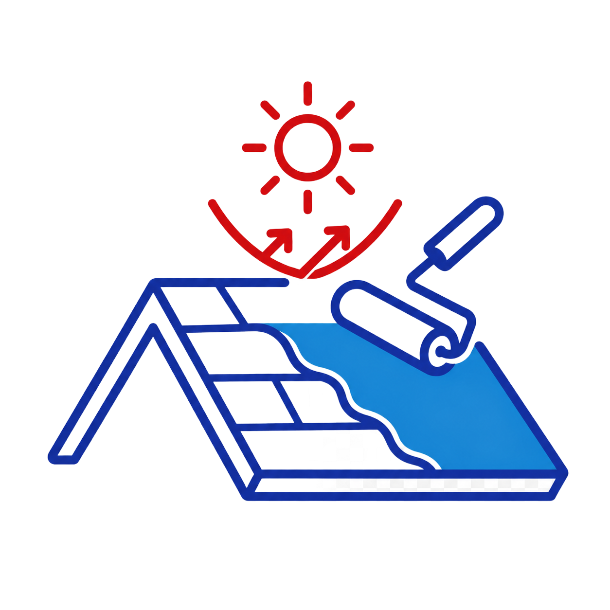 Blue-and-red icon of a paint roller coating a sloped roof under the sun