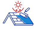 Roof coating icon with roller painting a blue sloped roof under red sun arrows