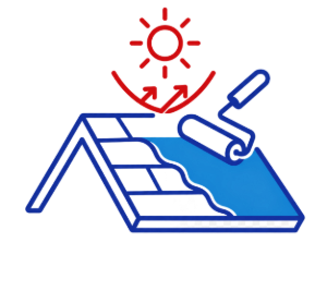 Roof coating icon with roller painting a blue sloped roof under red sun arrows