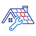 Blue house roof with a red patch and a wrench, suggesting home repair or maintenance.