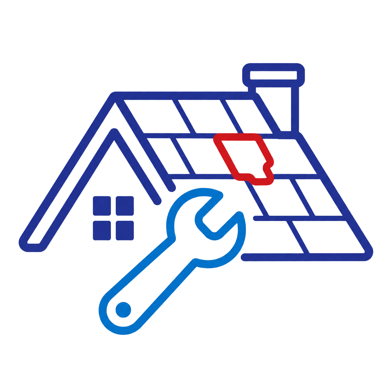 Blue house repair icon with wrench and red-shingled roof patch