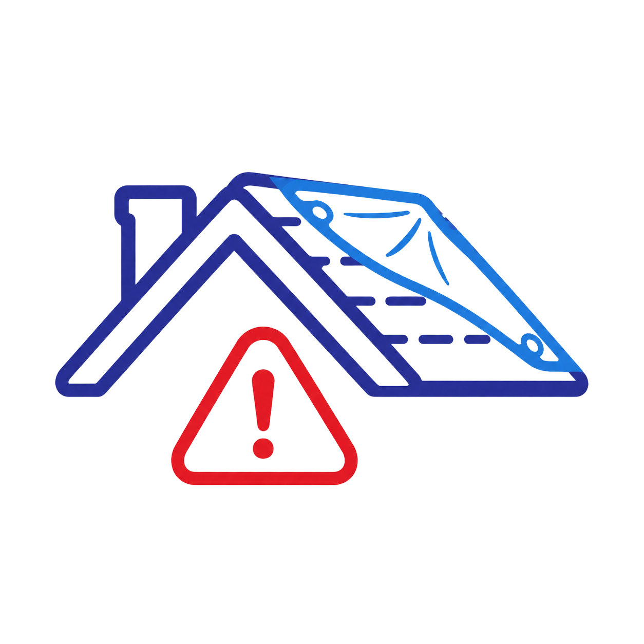 Blue roof with red warning triangle and exclamation mark, indicating roof damage or hazard
