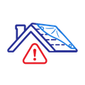 Blue roof with a red warning triangle and exclamation mark, indicating roof damage or hazard