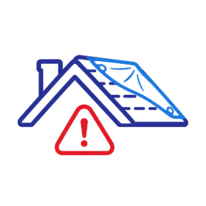 Blue roof with a red warning triangle and exclamation mark, indicating roof damage or hazard