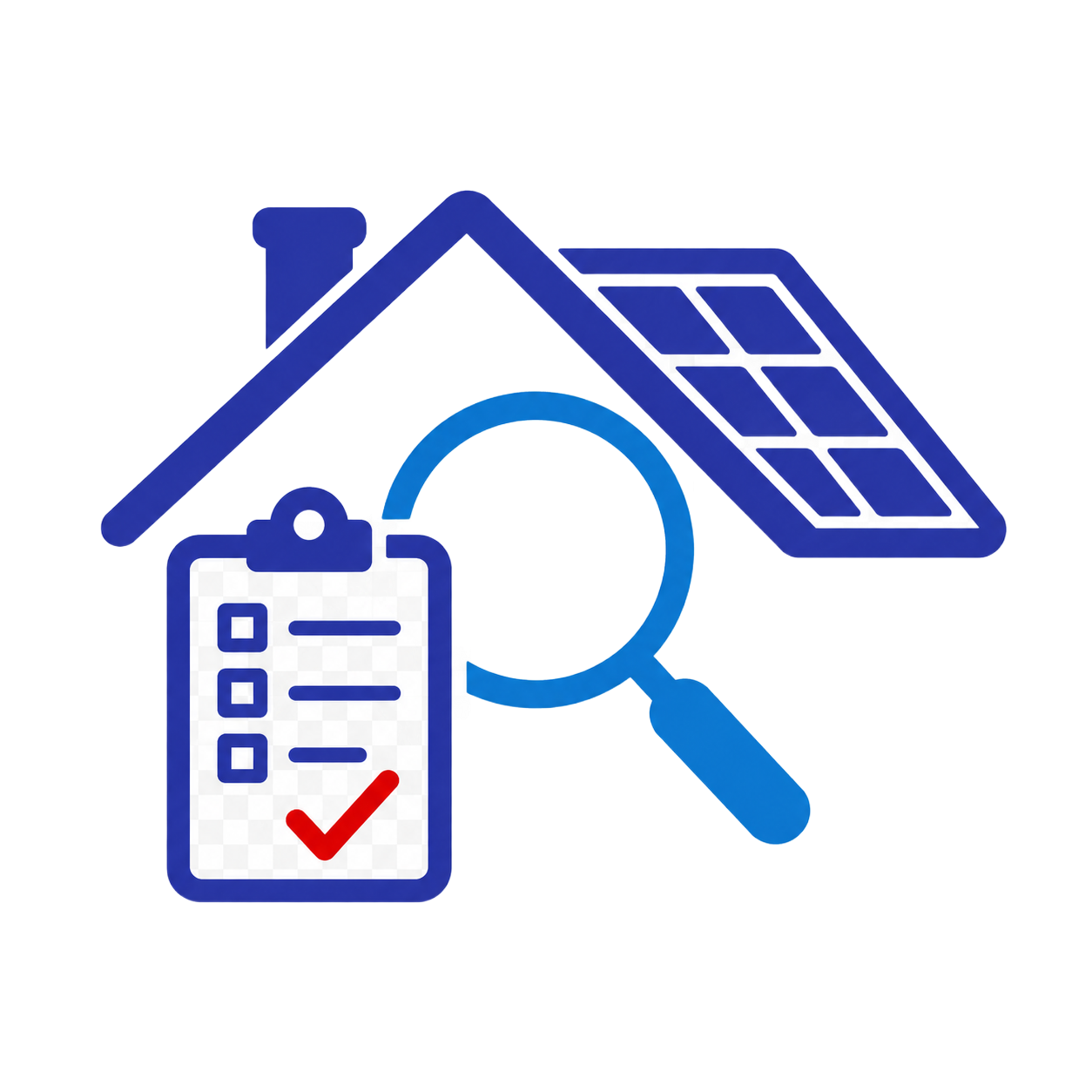 House inspection icon with magnifying glass, checklist clipboard, and solar panels on a roof