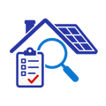 Blue house with solar panels, clipboard checklist, and magnifying glass for home inspection