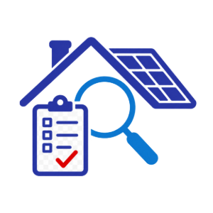 Blue house with solar panels, clipboard checklist, and magnifying glass for home inspection