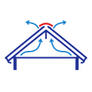 Illustration of a roof peak with blue airflow arrows and a red vent opening showing ventilation