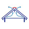 Blue roof diagram with arrows showing air flowing upward and out of the attic vent.