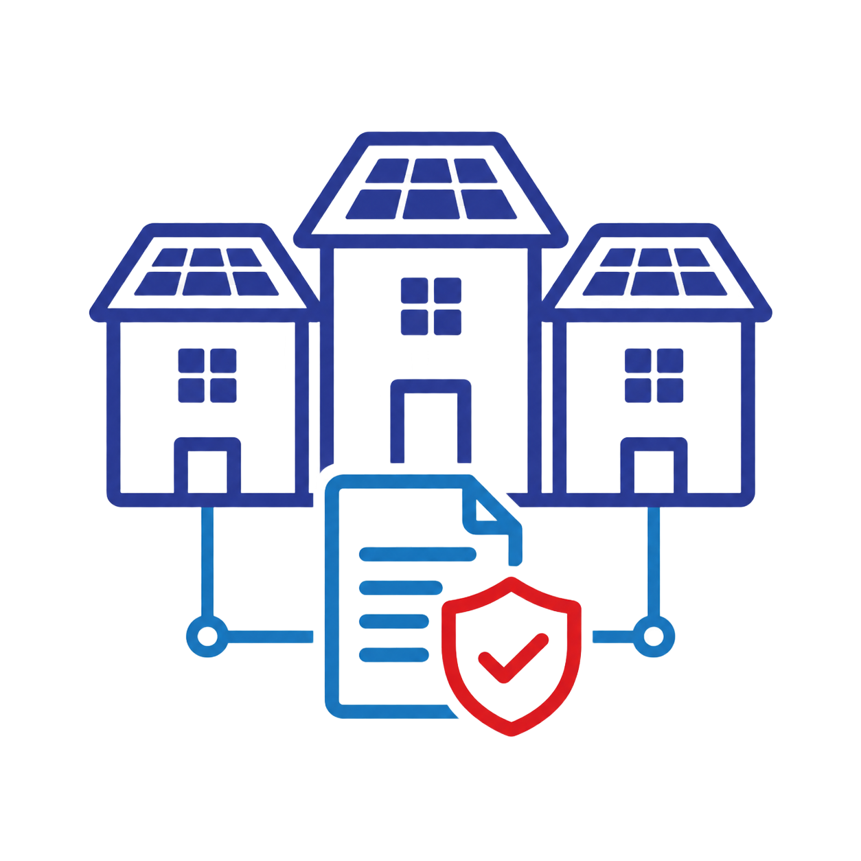 Three blue houses linked to a document with a red shield, representing secure property records