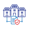 Three blue houses connected to a blue document with a red shield icon