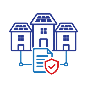 Three blue houses connected to a blue document with a red shield icon