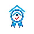 Blue house certification badge with a red checkmark and ribbon tails