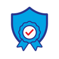 Blue shield badge with ribbon and red check mark icon