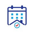 Blue calendar icon with a house and red checkmark badge