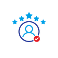 Blue user profile icon with five stars above and a red verification checkmark