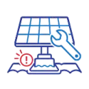 Blue solar panel with wrench and red warning icon, suggesting maintenance or repair issue