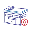 Illustration of a blue building with a red shield and flame icon, suggesting fire protection or safety
