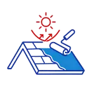 Blue-and-red icon of a solar panel being painted or coated under the sun