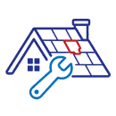 Blue house with wrench and red roof patch, indicating home repair or maintenance.