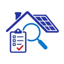 Blue house roof with magnifying glass and checklist clipboard, suggesting home inspection or energy audit