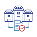 Blue outline of three houses linked to a document with a red shield checkmark, symbolizing property security or compliance