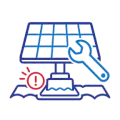Blue solar panel with wrench and red warning icon over a cracked base, suggesting repair needed