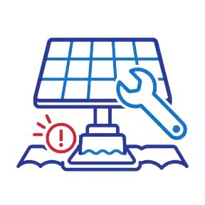 Blue solar panel with wrench and red warning icon over a cracked base, suggesting repair needed